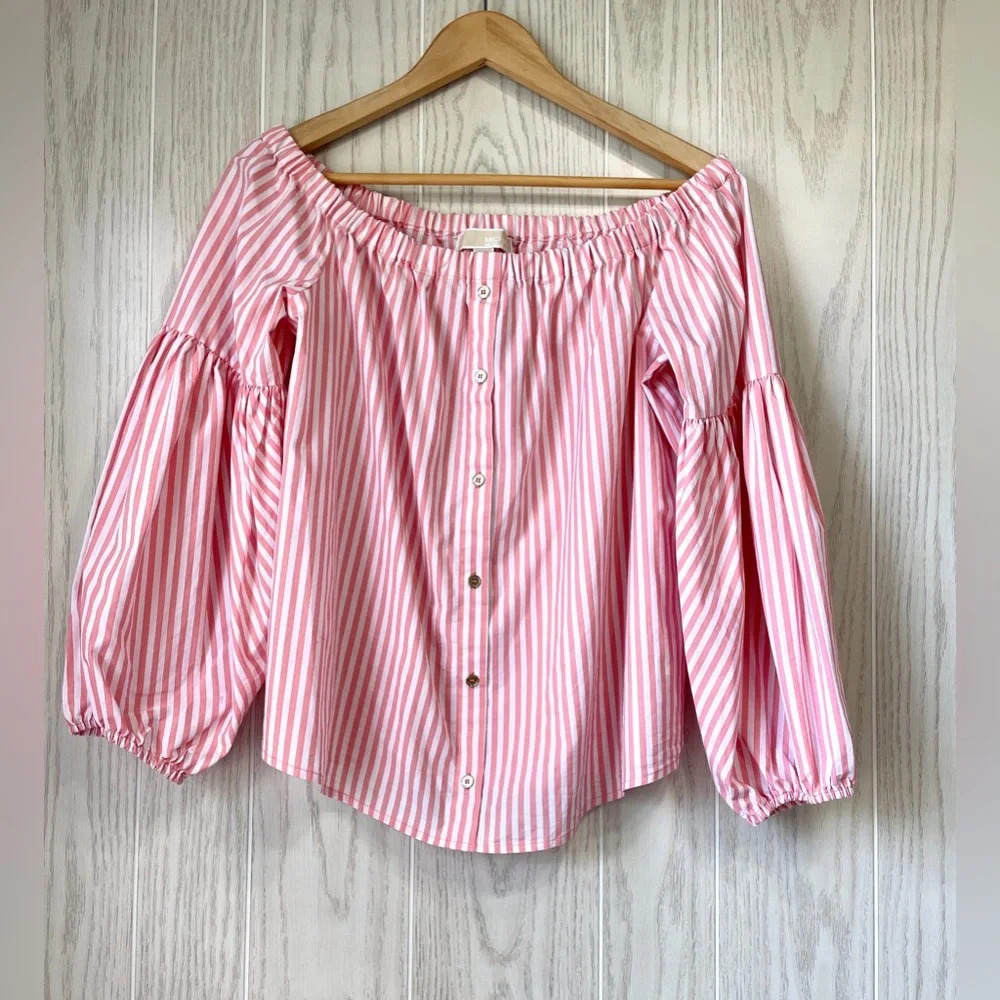 Michael Kors Women's Pink White Striped Off-Shoulder Blouse Top Size L NWOT